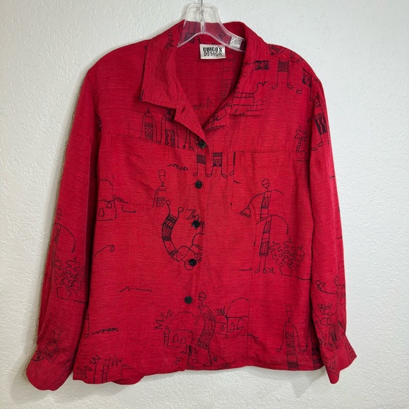 Chico’s Design Blouse Silk Linen Blend Printed Button-Up Red Size 2 - Picture 14 of 14